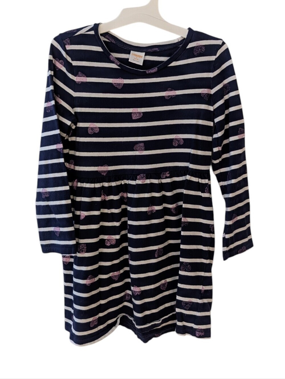 Gymboree Girls Navy&White Striped Dress with Sparkle Purple Hearts Size S 5-6